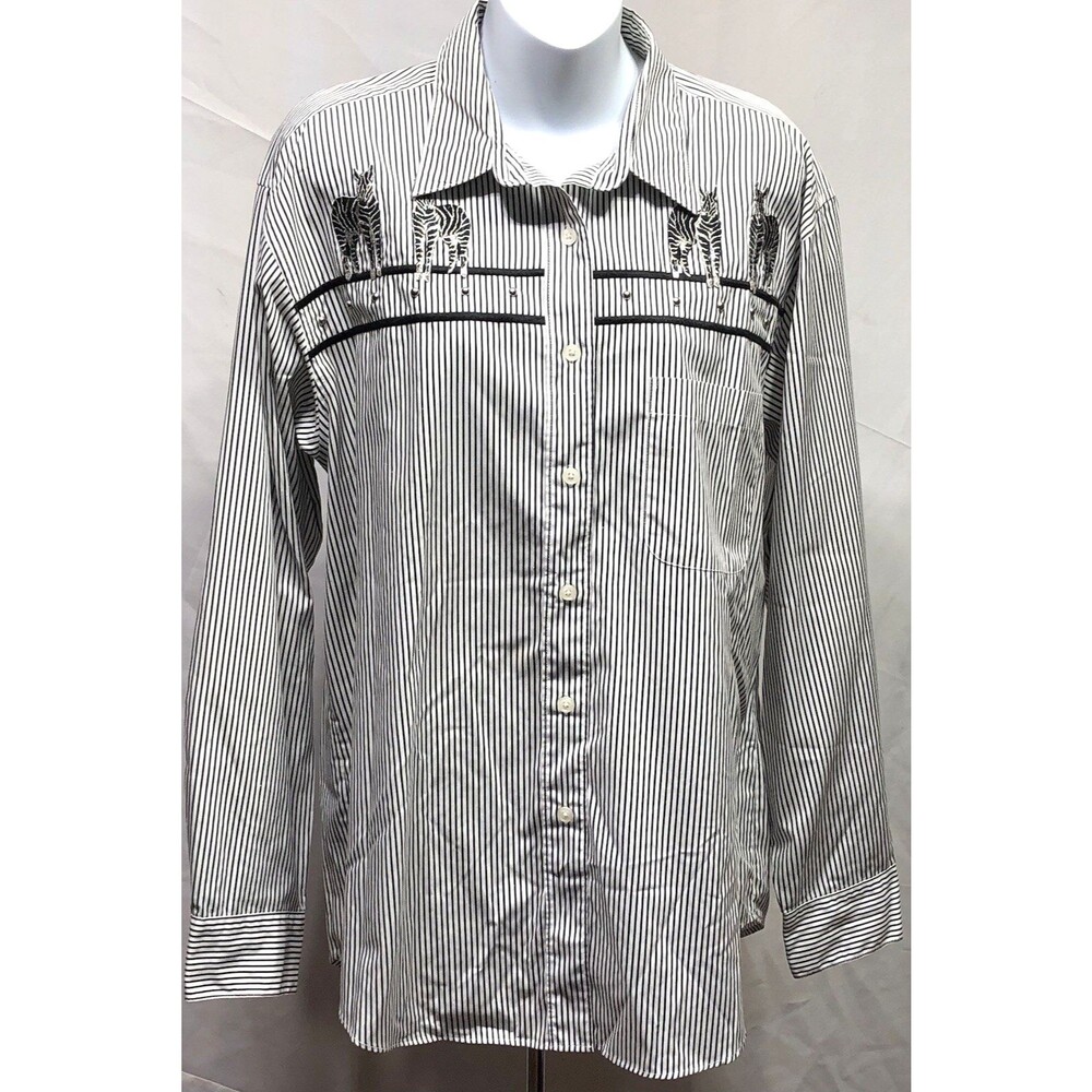 Vintage PGB Top L Wht/Blk Stripe Button Up Longsleeve Applique Zebra glam office